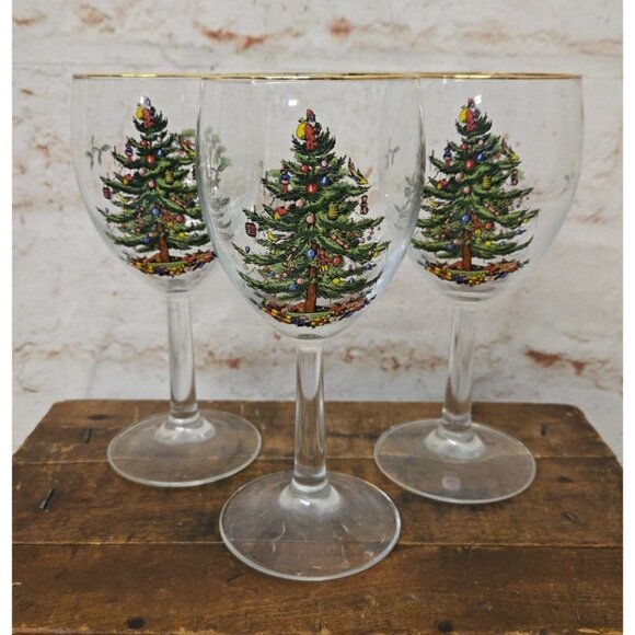Vintage SPODE Christmas Tree Four Wine Water Glasses 12 oz Christmas Glassware - Picture 1 of 3